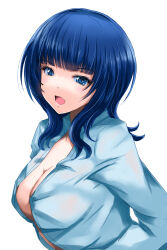 Rule 34 | 1girl, absurdres, arms behind back, asaka karin, blue eyes, blue hair, blue shirt, breasts, c-wing, cleavage, collared shirt, head tilt, highres, looking at viewer, love live!, love live! nijigasaki high school idol club, medium breasts, medium hair, no bra, open mouth, shirt, simple background, smile, solo, white background