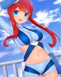 Rule 34 | 1girl, :d, arm up, banned artist, blue eyes, blue gloves, blue jacket, blue shorts, blush, breasts, clenched hand, cloud, commentary request, cowboy shot, creatures (company), cropped jacket, day, fence, game freak, gloves, highres, jacket, large breasts, looking at viewer, midriff, navel, nintendo, open mouth, outdoors, pokemon, pokemon bw, red hair, shiny skin, short hair with long locks, short shorts, shorts, sidelocks, sky, skyla (pokemon), smile, solo, takahara, tongue, turtleneck