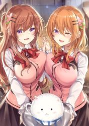 Rule 34 | 2girls, :d, ;d, aged up, alternate breast size, angora rabbit, asymmetrical docking, blush, breast press, breasts, brown hair, commentary, cup, gochuumon wa usagi desu ka?, hair between eyes, hair ornament, hairclip, highres, holding, holding hands, holding tray, hoto cocoa, hoto mocha, in container, in cup, indoors, interlocked fingers, ks (xephyrks), large breasts, long hair, long sleeves, looking at viewer, medium hair, multiple girls, neck ribbon, one eye closed, one side up, open mouth, orange hair, pink vest, purple eyes, rabbit, rabbit house uniform, red ribbon, ribbon, shirt, siblings, sisters, smile, tippy (gochiusa), tray, vest, white shirt, wooden floor