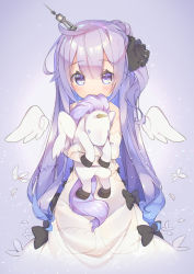 Rule 34 | 1girl, angel wings, azur lane, black ribbon, blue background, blush, detached sleeves, dress, hair ornament, highres, horns, long hair, looking at viewer, name connection, hugging object, object namesake, purple eyes, purple hair, ribbon, see-through, shaneru, side ponytail, single horn, solo, stuffed animal, stuffed toy, stuffed winged unicorn, unicorn (azur lane), wings