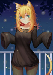 Rule 34 | 1girl, absurdres, animal ears, aqua eyes, black pantyhose, blonde hair, blue background, blush, cat ears, cat tail, closed mouth, collarbone, comic, cowboy shot, fireflies, highres, long hair, long sleeves, looking at viewer, messy hair, night, original, pantyhose, revision, shrugging, sleeves past wrists, smile, solo, sonikey0 0, tail, thigh gap, wide hips, wide sleeves