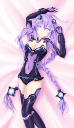 Rule 34 | 10s, 1girl, absurdres, bed, blue eyes, blush, braid, breasts, cleavage, cleavage cutout, clothing cutout, gloves, hair ornament, highres, leotard, long hair, looking at viewer, lying, muwa12, neptune (neptunia), neptune (series), on back, purple hair, purple heart (neptunia), solo, symbol-shaped pupils, thighhighs, twin braids, very long hair