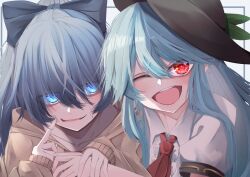 Rule 34 | 2girls, ;d, ascot, black headwear, blue bow, blue eyes, blue hair, blush, bow, brown hoodie, close-up, collarbone, collared shirt, eyes visible through hair, finger to cheek, friends, hair between eyes, hair bow, happy, hat, highres, hinanawi tenshi, holding hands, hood, hood down, hoodie, leaf, leaf hat ornament, long bangs, long hair, looking at another, looking at viewer, multiple girls, one eye closed, open mouth, portrait, red ascot, red eyes, shirt, sidelocks, sleeve cuffs, sleeves past wrists, smile, sweatdrop, teeth, touhou, tsune (tune), upper teeth only, white background, white shirt, yorigami shion