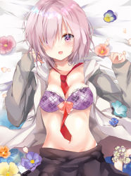 Rule 34 | 1girl, :d, bad id, bad pixiv id, bed sheet, between breasts, black skirt, blush, bra, breasts, cleavage, collarbone, fate/grand order, fate (series), female focus, flower, from above, grey jacket, hair over one eye, jacket, long sleeves, looking at viewer, lying, mash kyrielight, medium breasts, navel, necktie, necktie between breasts, on back, open clothes, open jacket, open mouth, petals, pink hair, ponika, purple bra, purple eyes, red necktie, shiny skin, short hair, skirt, sleeves past wrists, smile, solo, stomach, tareme, underwear, upper body