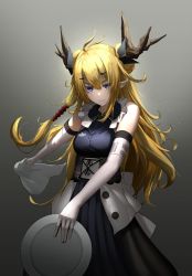Rule 34 | 1girl, ahoge, arknights, bare shoulders, black dress, blonde hair, blue eyes, breasts, closed mouth, cloth, corset, cowboy shot, dress, elbow gloves, frills, gloves, grey background, hair ornament, hairclip, highres, holding, holding plate, horns, kureneko, leizi (arknights), long hair, looking at viewer, medium breasts, plate, pointy ears, simple background, sleeveless, sleeveless dress, smile, solo, v-shaped eyebrows, very long hair, waist cape, white gloves
