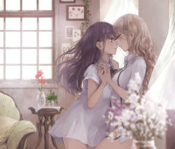 Rule 34 | 2girls, armchair, black hair, blonde hair, blouse, blurry, chair, collared dress, collared shirt, commentary request, curtains, depth of field, dress, eye contact, face-to-face, female focus, flower, from side, holding hands, imminent kiss, interlocked fingers, kakmxxxny06, long hair, looking at another, multiple girls, neck ribbon, no pants, original, picture frame, plant, ribbon, shirt, short dress, short sleeves, vase, vines, white shirt, window, yuri