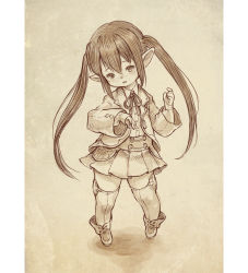 Rule 34 | 10s, 1girl, black hair, boots, crossover, final fantasy, final fantasy xiv, highres, jacket, k-on!, lalafell, long hair, monochrome, nakano azusa, open mouth, pointy ears, shirt, sketch, skirt, solo, thighhighs, very long hair, yamori (stom), zettai ryouiki