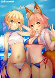 Rule 34 | 10s, 2girls, :d, akasakak, animal ears, artoria pendragon (all), artoria pendragon (fate), artoria pendragon (swimsuit archer) (fate), artoria pendragon (swimsuit archer) (first ascension) (fate), bad id, bad pixiv id, bikini, blonde hair, blue bikini, blue sky, blush, breasts, brown eyes, cleavage, cloud, day, fate/extra, fate/grand order, fate/stay night, fate (series), fox ears, fox tail, large breasts, long hair, looking at viewer, multiple girls, navel, open mouth, outdoors, pink hair, saber (fate), shiny skin, side-tie bikini bottom, sky, small breasts, smile, swimsuit, tail, tamamo (fate), tamamo no mae (fate/extra), tamamo no mae (swimsuit lancer) (fate), tamamo no mae (swimsuit lancer) (third ascension) (fate), tankini, thigh gap, twitter username, w, white bikini, yellow eyes