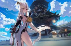 Rule 34 | absurdres, architecture, bare shoulders, black gloves, blue sky, breasts, building, closed mouth, cowboy shot, day, dress, east asian architecture, from behind, fur collar, genshin impact, gloves, gold trim, hair ornament, hair stick, highres, holding, holding smoking pipe, large breasts, long hair, looking at viewer, looking back, maanu, ningguang (genshin impact), outdoors, parted bangs, pelvic curtain, pointy ears, red eyes, sideboob, sky, smoking pipe, stone lantern, thighs, very long hair, white dress, white hair