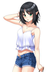 Rule 34 | 1girl, absurdres, arm up, armpits, bare arms, bare shoulders, black hair, blue shorts, bracelet, breasts, camisole, cleavage, collarbone, commission, cowboy shot, crop top, crop top overhang, denim, denim shorts, elf, green eyes, highres, jewelry, looking at viewer, midriff, necklace, open mouth, original, pointy ears, rifqiaji, shirt, short hair, short shorts, shorts, simple background, sleeveless, sleeveless shirt, small breasts, solo, spaghetti strap, standing, thighs, white background, white shirt