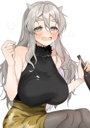 1girl alcohol alternate_costume animal_print beans black_shirt blush bottle breasts brown_eyes drunk grey_hair hair_between_eyes highres kantai_collection large_breasts long_hair looking_at_viewer oni_costume open_mouth pantyhose pola_(kancolle) setsubun shirt skirt sleeveless sleeveless_shirt solo tiger_print toriniku_senshi_chikinman turtleneck turtleneck_shirt wavy_hair white_background wine_bottle yellow_skirt