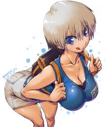 Rule 34 | 1girl, amania orz, bag, blue eyes, breasts, cleavage, collarbone, commentary request, large breasts, short hair, skirt, sleeveless, solo, tongue, tongue out, uzaki-chan wa asobitai!, uzaki hana, white hair, wide hips