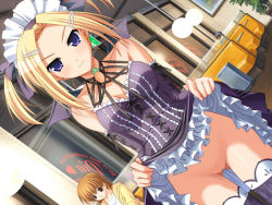 Rule 34 | 1990s (style), 2girls, bare shoulders, blonde hair, blue eyes, bottomless, breasts, cleavage, clothes lift, demon wings, dress, dress lift, dutch angle, frills, game cg, hair ornament, hairclip, horiuchi sana, looking at viewer, multiple girls, murakami suigun, no panties, pia carrot (series), pia carrot e youkoso!!, public indecency, purple eyes, pussy, restaurant, retro artstyle, short hair, skirt, skirt lift, solo focus, thighhighs, uncensored, wings