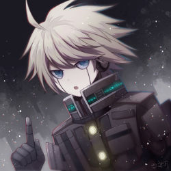 Rule 34 | 1boy, :o, ahoge, android, angel31424, armor, black armor, black gloves, black headphones, blue eyes, commentary request, danganronpa (series), dot nose, eyebrows hidden by hair, face, gloves, hair between eyes, headphones, k1-b0, looking at viewer, male focus, danganronpa v3: killing harmony, open mouth, out of frame, pointing, pointing up, power armor, short hair, silver hair, snow, solo, translation request