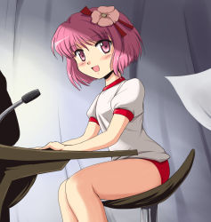 Rule 34 | 1girl, alternate costume, bare legs, blush stickers, buruma, chair, commentary request, female focus, flower, flx, gym uniform, hair ornament, hieda no akyuu, microphone, open mouth, pink eyes, pink hair, sitting, solo, touhou
