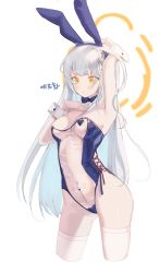 Rule 34 | 1girl, absurdres, animal ears, armpits, artist request, bare arms, blue hairband, blush, breasts, casual one-piece swimsuit, cleavage, cropped legs, embarrassed, fake animal ears, hair ornament, hairband, highres, long hair, medium breasts, navel, one-piece swimsuit, rabbit ears, see-through, solo, strapless, strapless one-piece swimsuit, sung-eun (unleashed), swimsuit, thighhighs, unleashed, very long hair, white background, white hair, white thighhighs, wrist cuffs, yellow eyes