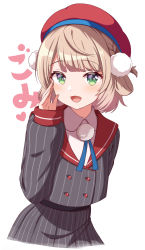 Rule 34 | 1girl, :d, beret, braid, buttons, collared shirt, cowboy shot, double-breasted, french braid, green eyes, grey skirt, hachiman tanuki, hair ornament, hair rings, hat, highres, indie virtual youtuber, jacket, light blush, light brown hair, looking at viewer, open mouth, pinstripe jacket, pinstripe pattern, pinstripe skirt, pom pom (clothes), pom pom hair ornament, red hat, red sailor collar, sailor collar, school uniform, shigure ui (vtuber), shigure ui (vtuber) (1st costume), shirt, short hair, side braid, simple background, skirt, smile, solo, striped clothes, striped jacket, striped skirt, vertical-striped clothes, vertical-striped jacket, vertical-striped skirt, virtual youtuber, whispering, white background, white shirt