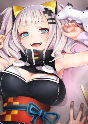 Rule 34 | 1girl, animal ears, blue eyes, breasts, cat ears, cleavage, cleavage cutout, clothing cutout, controller, fake animal ears, game controller, hair ornament, hairclip, highres, kaguya luna, large breasts, lying, on back, open mouth, pov, smile, solo focus, taishi (picchiridou), the moon studio, virtual youtuber