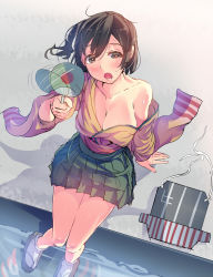 Rule 34 | 10s, 1girl, bare shoulders, blush, breasts, brown eyes, brown hair, cleavage, commentary request, daito, hand fan, hiryuu (kancolle), japanese clothes, kantai collection, large breasts, off shoulder, one side up, open mouth, paper fan, pleated skirt, short hair, sitting, skirt, solo, sweat, uchiwa