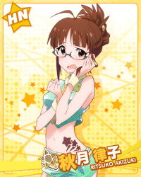 Rule 34 | 10s, 1girl, akizuki ritsuko, alternate costume, antenna hair, arms up, bare shoulders, blush, brown eyes, brown hair, card (medium), character name, covering privates, covering breasts, crop top, crop top overhang, embarrassed, female focus, folded ponytail, glasses, hair bun, hand on own cheek, hand on own face, idolmaster, idolmaster (classic), idolmaster million live!, jpeg artifacts, kawakami tetsuya, looking at viewer, midriff, navel, official art, open mouth, short shorts, shorts, single hair bun, solo, wavy mouth, wrist cuffs, yellow background