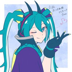 Rule 34 | 1girl, black gloves, border, capelet, closed mouth, commentary request, creatures (company), dragon miku (project voltage), eyelashes, from side, game freak, gloves, green eyes, green hair, grey background, hair between eyes, hand up, hatsune miku, heart, highres, long hair, looking at viewer, looking to the side, mocacoffee 1001, nintendo, outside border, pokemon, popped collar, project voltage, purple capelet, smile, solo, split mouth, translation request, twintails, upper body, vocaloid, white border