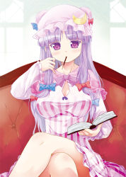 Rule 34 | 1girl, blush, book, bow, breasts, cleavage, couch, crescent, female focus, food, hair bow, hat, large breasts, crossed legs, long hair, looking at viewer, mob cap, patchouli knowledge, pocky, porurin (do-desho), purple eyes, purple hair, red upholstery, ribbon, sitting, solo, striped, touhou, vertical stripes