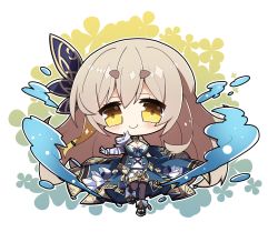 Rule 34 | 1girl, bare shoulders, black footwear, black thighhighs, blonde hair, blue bow, blue jacket, blush, boots, bow, breasts, brown eyes, brown hair, character request, chibi, cleavage, closed mouth, commentary request, dress, full body, gauntlets, hair between eyes, highres, hydrokinesis, jacket, long hair, looking at viewer, medium breasts, milkpanda, multicolored hair, sennen sensou aigis, short eyebrows, smile, solo, standing, standing on one leg, streaked hair, thick eyebrows, thighhighs, very long hair, water, white dress