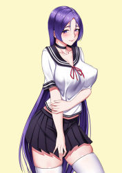Rule 34 | 1girl, absurdres, alternate costume, black skirt, blue sailor collar, breasts, collarbone, cowboy shot, fate/grand order, fate (series), highres, large breasts, long hair, low-tied long hair, minamoto no raikou (fate), neckerchief, parted bangs, pleated skirt, purple eyes, purple hair, sailor collar, school uniform, serafuku, shirt, short sleeves, simple background, skirt, smile, solo, thighhighs, very long hair, white shirt, white thighhighs, xiao gen, yellow background