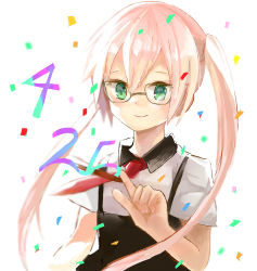 Rule 34 | 10s, 1boy, androgynous, bad id, bad pixiv id, black dress, blonde hair, blurry, depth of field, dress, gatchaman, gatchaman crowds, glasses, green eyes, hair between eyes, ku-gu, light smile, long hair, long twintails, looking at viewer, male focus, necktie, ninomiya rui, shirt, short sleeves, simple background, smile, solo, trap, twintails, upper body, white background, white shirt, wig