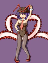 Rule 34 | 1girl, a-ktoo, arm up, black pantyhose, bow, bowtie, breasts, cleavage, detached collar, closed eyes, female focus, frills, hat, hat ribbon, leotard, nagae iku, open mouth, pantyhose, playboy bunny, purple background, purple hair, ribbon, shawl, short hair, smile, solo, touhou