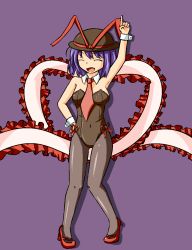 1girl a-ktoo arm_up black_pantyhose bow bowtie breasts cleavage detached_collar closed_eyes female_focus frills hat hat_ribbon leotard nagae_iku open_mouth pantyhose playboy_bunny purple_background purple_hair ribbon shawl short_hair smile solo touhou