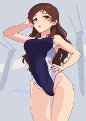 Rule 34 | 1girl, black one-piece swimsuit, breasts, brown eyes, brown hair, competition swimsuit, hand on own hip, highres, idolmaster, idolmaster million live!, kamille (vcx68), kitazawa shiho, looking at viewer, medium breasts, one-piece swimsuit, solo, swimsuit, wavy hair
