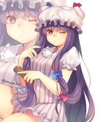 Rule 34 | 1girl, akayan, blue bow, blush, bow, brushing hair, brushing own hair, collar, crescent, crescent hair ornament, dress, eyebrows, frilled collar, frilled shirt collar, frilled sleeves, frills, hair bow, hair brush, hair ornament, hat, hat ribbon, highres, long hair, looking at viewer, mob cap, one eye closed, patchouli knowledge, puffy short sleeves, puffy sleeves, purple eyes, purple hair, red bow, ribbon, short dress, short sleeves, sitting, solo, striped clothes, striped dress, touhou, twitter username, very long hair, zoom layer