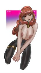 Rule 34 | breasts, celica (fire emblem), fire emblem, fire emblem echoes: shadows of valentia, highres, kneeling, large breasts, looking at viewer, nintendo, red eyes, red hair, smile, topless