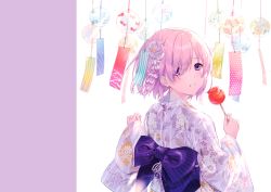 Rule 34 | 1girl, absurdres, alternate costume, candy apple, fate/grand order, fate (series), floral print, food, hair over one eye, highres, holding, holding food, japanese clothes, kimono, kuroki (ma-na-tu), looking at viewer, mash kyrielight, pink hair, purple eyes, scan, short hair, simple background, smile, solo, upper body, white background
