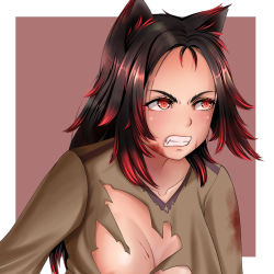 Rule 34 | 1girl, angry, animal ears, breasts, cat ears, colored tips, fantasy, gradient hair, large breasts, lightning, long hair, messy hair, multicolored hair, original, red eyes, rinko riban, self-upload, solo, upper body
