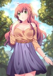 Rule 34 | 1girl, ahoge, bad id, bad pixiv id, bare shoulders, blouse, blue sky, blush, bow, bracelet, breasts, cleavage, cloud, cowboy shot, day, green eyes, highres, jewelry, long hair, looking at viewer, medium breasts, off shoulder, open mouth, original, outdoors, pink hair, purple skirt, ribbon trim, shirt, skirt, sky, solo, standing, sunlight, tree, ucukrtz, wristband
