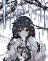 Rule 34 | 1girl, :o, black hair, black ribbon, blue eyes, blush, branch, breath, buttons, cherry, coat, commentary, food, fringe trim, fruit, hands up, highres, icicle, long hair, long sleeves, looking at viewer, open mouth, original, ribbon, scarf, simple background, symbol-only commentary, upper body, white background, white scarf, winter clothes, winter coat, yaya (yayaa 00)