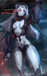 Rule 34 | 1girl, abs, alternate costume, breasts, colored sclera, colored skin, commission, cyberpunk, cyberpunk (series), cyberpunk edgerunners, cyborg, english text, fluffydus, green eyes, grey skin, highres, long hair, oversized forearms, oversized limbs, pink hair, rebecca (cyberpunk), red sclera, small breasts, solo, standing, twintails