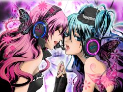 Rule 34 | 2girls, aqua hair, aqua nails, bad id, bad pixiv id, bare shoulders, blue hair, bow, bug, butterfly, butterfly wings, curly hair, face-to-face, female focus, fingerless gloves, gloves, hat, hatsune miku, headphones, holding hands, insect, insect wings, lipstick, long hair, magnet, magnet (vocaloid), makeup, megurine luka, mini hat, mini top hat, minipoyo, multiple girls, murasawa kyara, music, nail polish, pink hair, pink nails, singing, top hat, twintails, vocaloid, wings, yuri