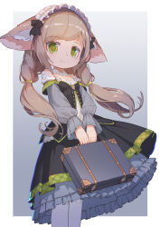 Rule 34 | 1girl, animal ear fluff, animal ears, black bow, black dress, border, bow, briefcase, detached sleeves, dress, female focus, gradient background, green eyes, grey background, grey hair, highres, holding, layered dress, looking at viewer, low twintails, maid headdress, original, outside border, pantyhose, pasta or rice, puffy sleeves, smile, solo, standing, strapless, strapless dress, twintails, white border, white pantyhose