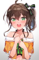 Rule 34 | 1girl, ahoge, bare shoulders, black bow, blush, bow, brown hair, cat hair ornament, collarbone, crop top, eyelashes, gradient background, green eyes, green stripe, grey background, hair bow, hair ornament, hands on own chest, highres, hololive, long hair, looking at viewer, nana kagura, natsuiro matsuri, natsuiro matsuri (1st costume), navel, open mouth, ringlets, side ponytail, single stripe, solo, spaghetti strap, striped, striped bow, upper body, virtual youtuber, white background