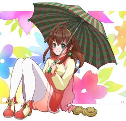 Rule 34 | 1girl, ahoge, ass, breasts, brown hair, cape, coat, commentary request, flower, full body, green eyes, hair ornament, hairband, holding, holding umbrella, lilka eleniak, long hair, long sleeves, looking at viewer, low-tied long hair, plaid, plaid umbrella, sidelocks, smile, solo, thighhighs, umbrella, upper body, wild arms, wild arms 2, yellow hairband