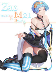 Rule 34 | 1girl, absurdres, arm under breasts, artist name, asymmetrical legwear, bare shoulders, black thighhighs, blue hair, blue neckwear, blunt bangs, blush, breasts, character name, choker, cleavage, clothes lift, collarbone, commentary request, eyewear on head, girls&#039; frontline, gloves, goggles, goggles on head, henz, highres, jewelry, large breasts, lifted by self, looking at viewer, nail polish, off shoulder, orange eyes, shoes, short hair, sidelocks, skirt, skirt lift, solo, striped clothes, striped thighhighs, thighhighs, thighs, uneven legwear, vertical-striped clothes, vertical-striped thighhighs, zas m21 (girls&#039; frontline)