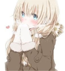 Rule 34 | 1girl, blonde hair, blue eyes, blush, breath, brown coat, coat, fur-trimmed sleeves, fur trim, gloves, heart, hiro (hirohiro31), long hair, looking at viewer, mittens, original, own hands together, scarf, simple background, solo, upper body, white background, white mittens