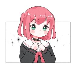 Rule 34 | 1girl, bad id, bad twitter id, black collar, black shirt, blush stickers, clenched hands, collar, commentary request, expressionless, green eyes, hands up, highres, kurosawa ruby, long sleeves, love live!, love live! sunshine!!, neck ribbon, own hands together, red hair, red ribbon, ribbon, school uniform, serafuku, shirt, short hair, simple background, solo, sparkle, two side up, upper body, white background, yashino 84