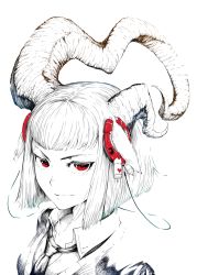 Rule 34 | 1girl, asymmetrical horns, frown, highres, horns, jaco, looking at viewer, monochrome, original, red eyes, short hair, simple background, solo, spot color, uneven horns, upper body, white background