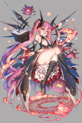 Rule 34 | 1girl, bare shoulders, black dress, black footwear, blush, book, boots, breasts, cleavage, crossed legs, demon girl, dress, flying, grey background, high heels, horns, legs, long hair, looking at viewer, magic, magic circle, original, pink hair, pointy ears, red eyes, repi, simple background, sitting, small breasts, smile, solo, star (symbol), thighs, wide hips