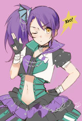 Rule 34 | 1girl, catchphrase, fingerless gloves, gloves, hand on own hip, kippu, looking at viewer, navel, one eye closed, pink background, pretty series, pripara, purple hair, side ponytail, simple background, sketch, solo, toudou shion, yellow eyes