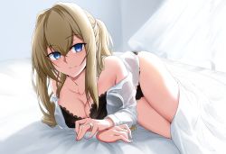 Rule 34 | 1girl, alternate hairstyle, ass, black bra, black panties, blonde hair, blue eyes, bra, breasts, cleavage, graf zeppelin (kancolle), highres, jewelry, kantai collection, lace, lace-trimmed bra, lace-trimmed panties, lace trim, large breasts, looking at viewer, on bed, panties, ring, shirt, sidelocks, smile, solo, underwear, utsumi karmin, wedding band, white shirt